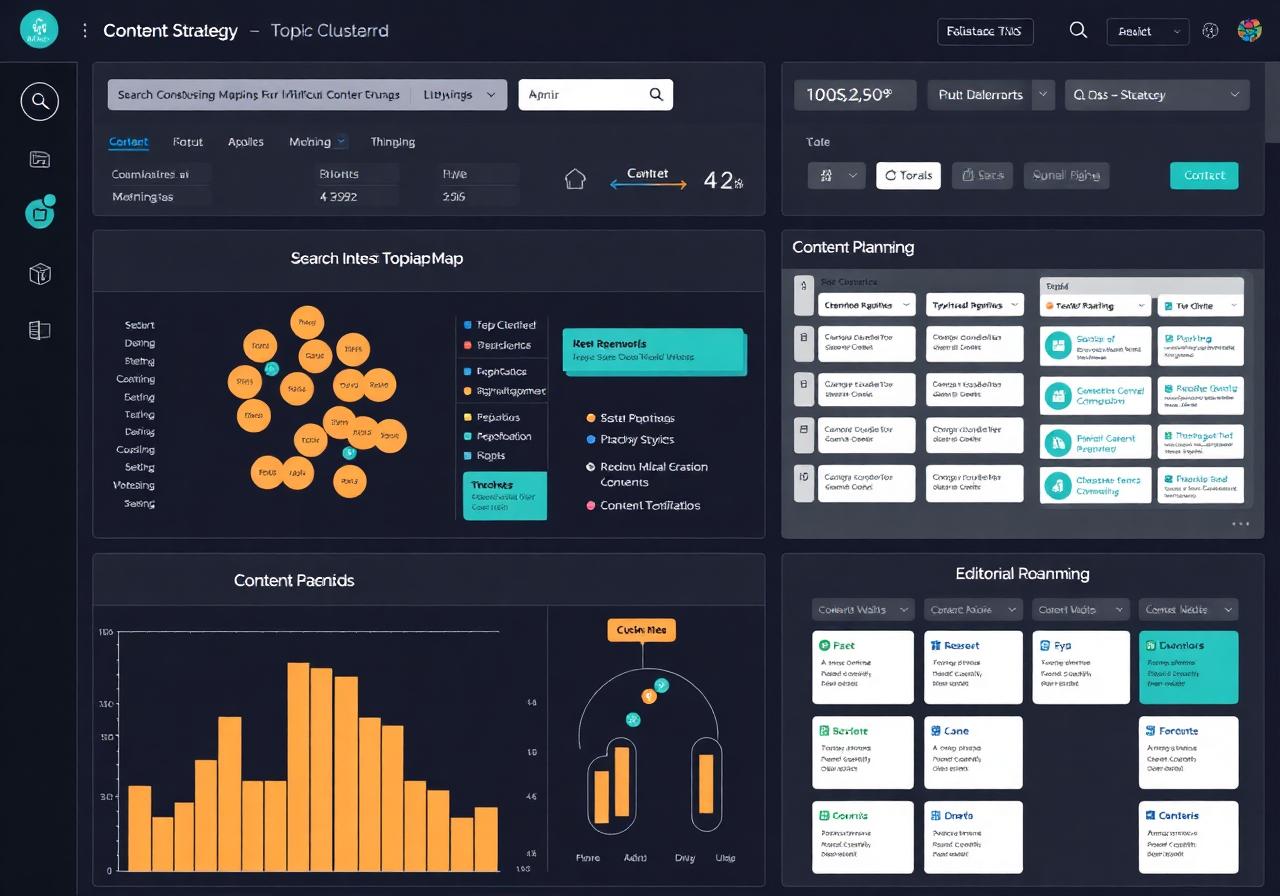 Content strategy dashboard showing keyword clustering, topic maps, search intent mapping, and editorial planning workflow