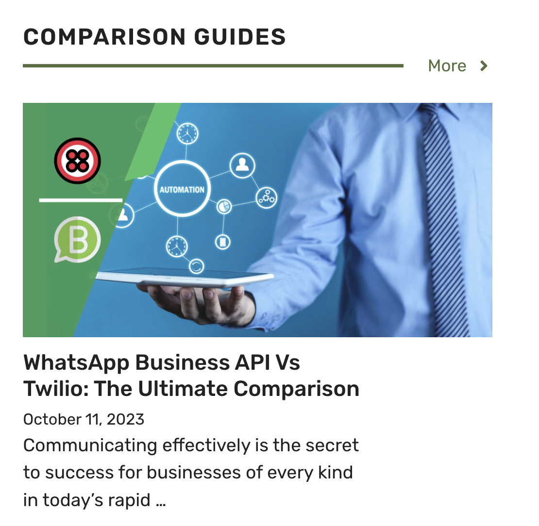 Omnije comparison guides section showing structured comparison content like WhatsApp Business API vs Twilio
