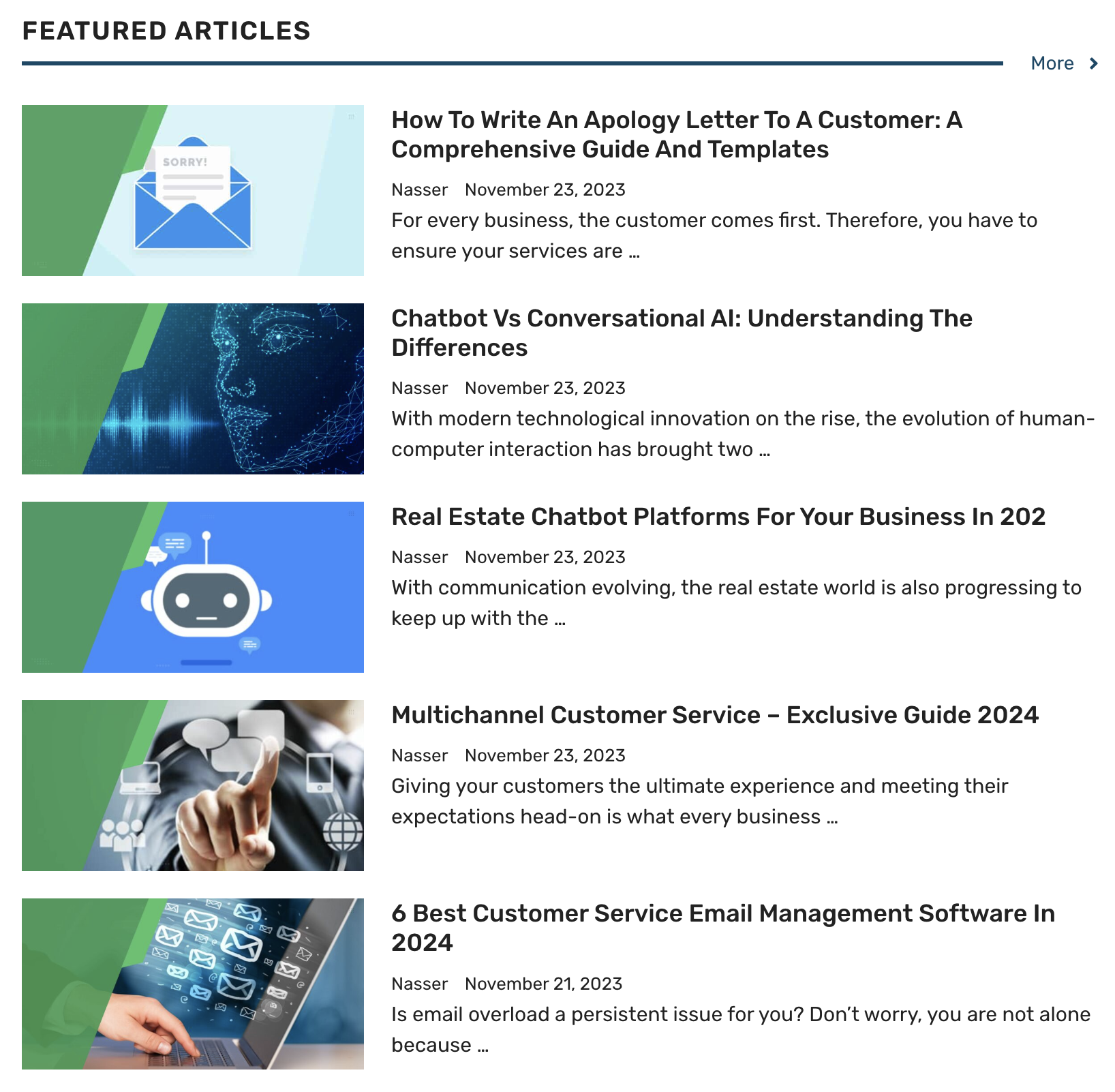Omnije featured articles section showing AI-assisted content on customer service, chatbots, and communication topics