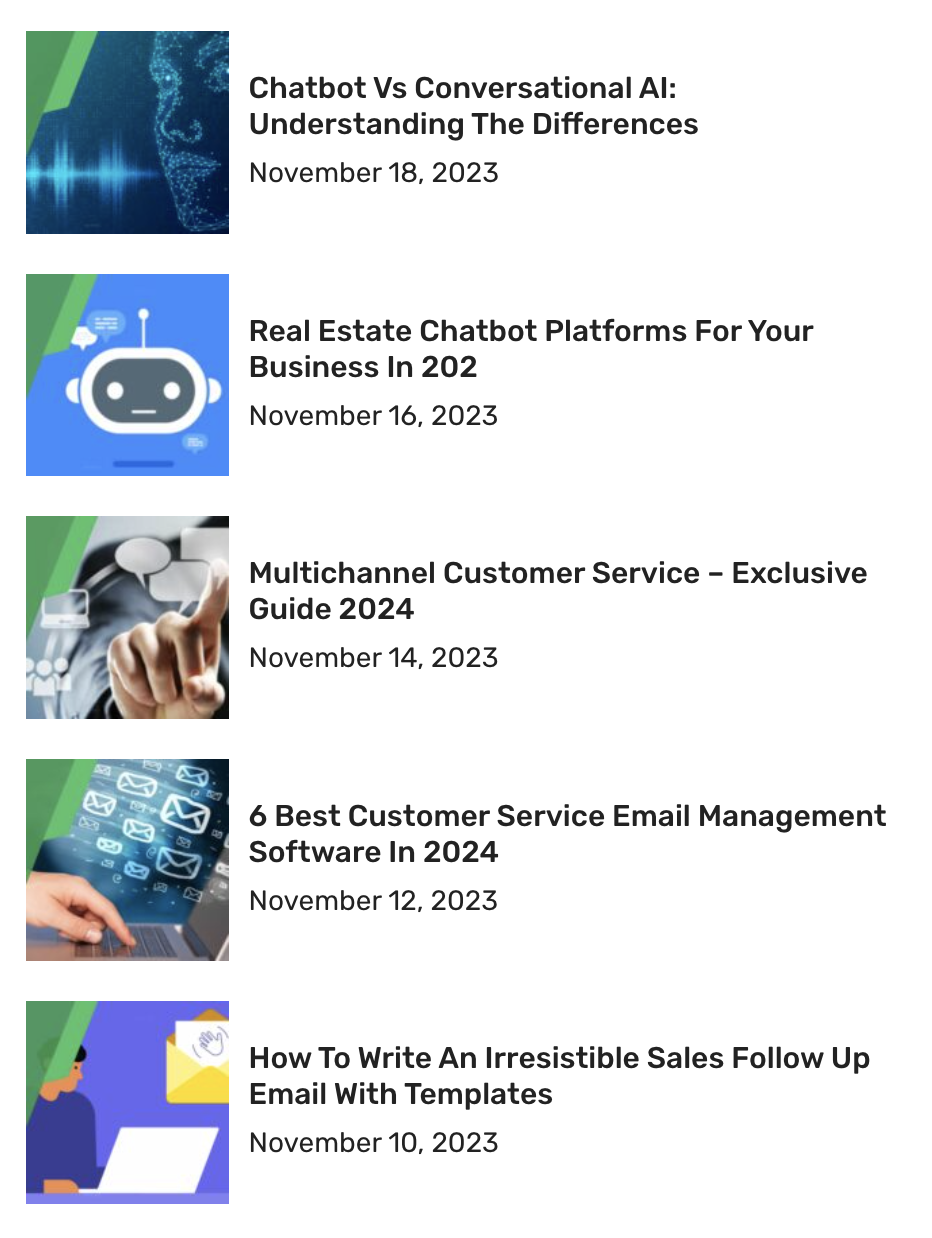 Omnije.com mobile view showing published articles on chatbots, customer service, and communication tools