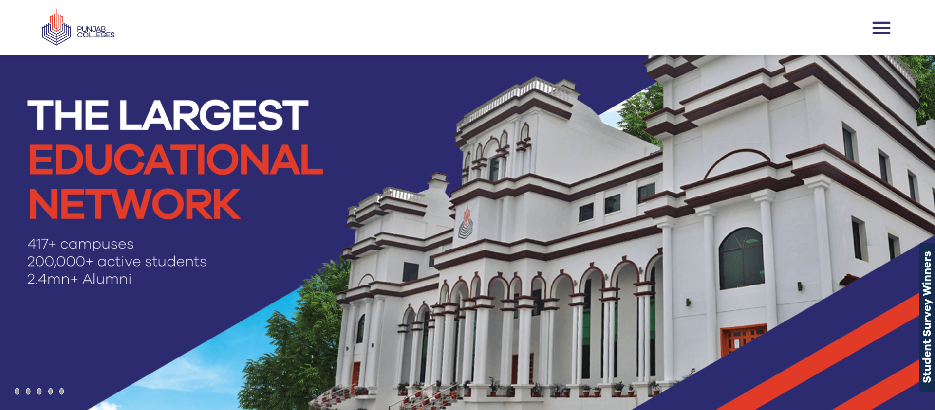 Punjab Group of Colleges website hero showing 'The Largest Educational Network' with 417+ campuses, 200,000+ active students, and 2.4mn+ Alumni