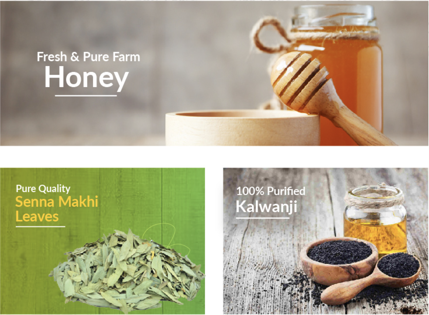 Pureorganics product banners showing Fresh & Pure Farm Honey, Senna Makhi Leaves, and Kalwanji — products featured in conversion-focused landing pages