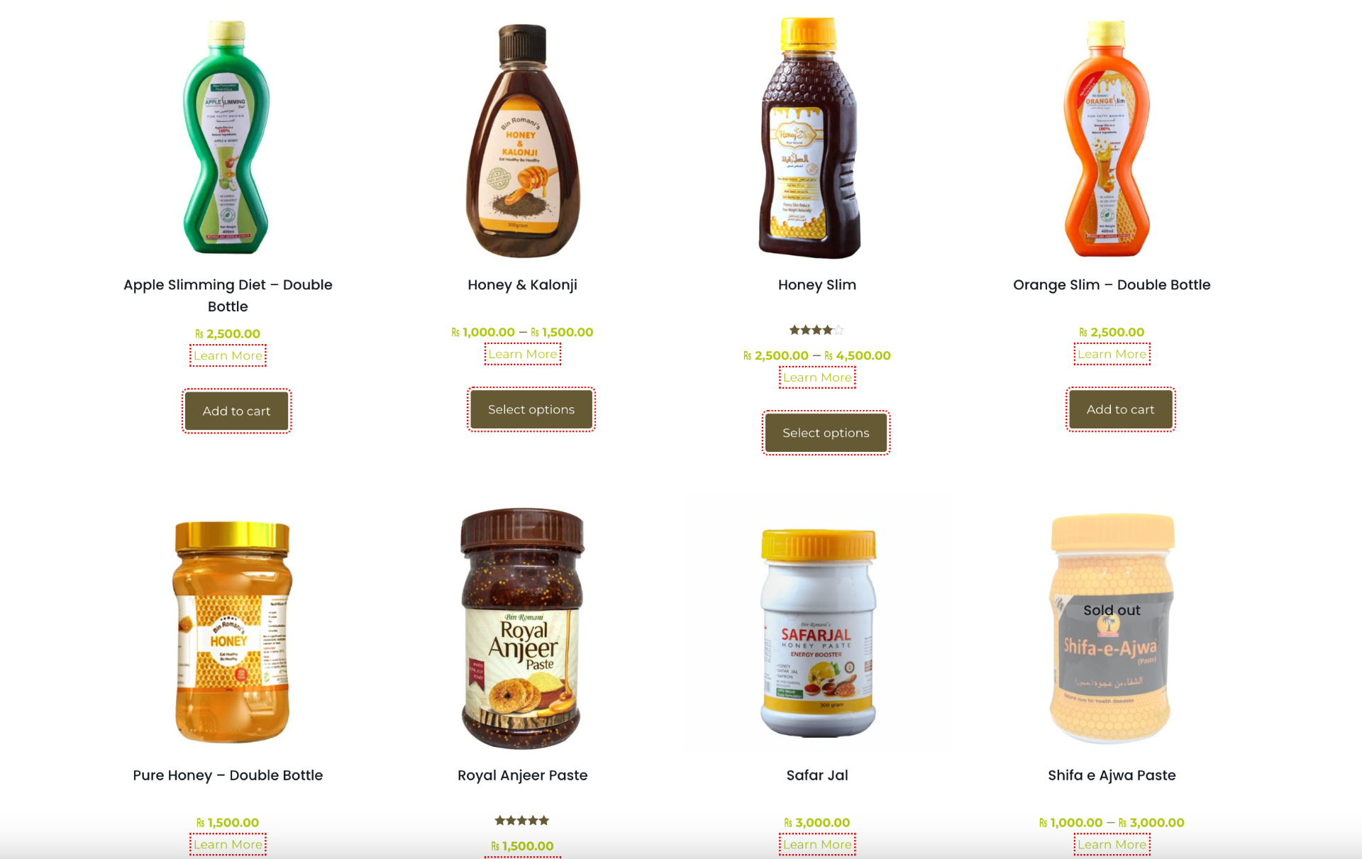 Pureorganics online store showing product grid with Apple Slimming Diet, Honey & Kalonji, Honey Slim, and other organic products with pricing and add-to-cart buttons