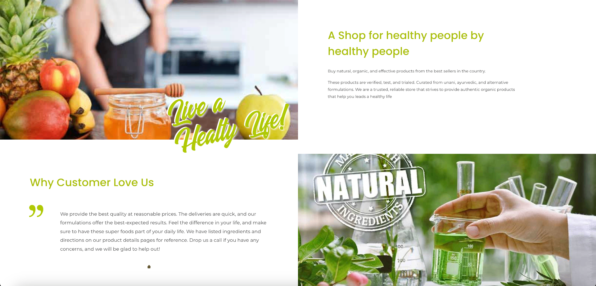 Pureorganics.pk website showing 'A Shop for healthy people by healthy people' messaging, customer testimonials, and natural ingredients branding