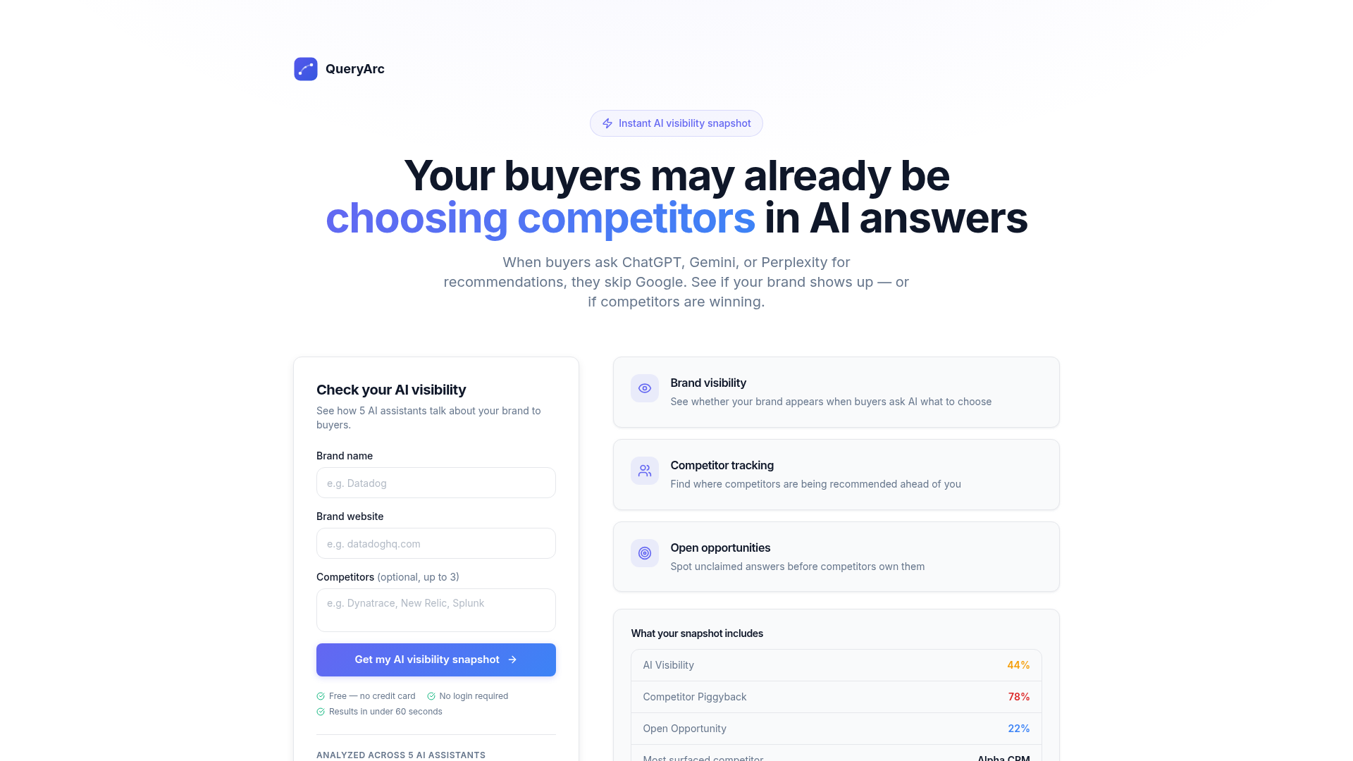 QueryArc audit tool interface showing brand visibility check, competitor tracking, and snapshot metrics