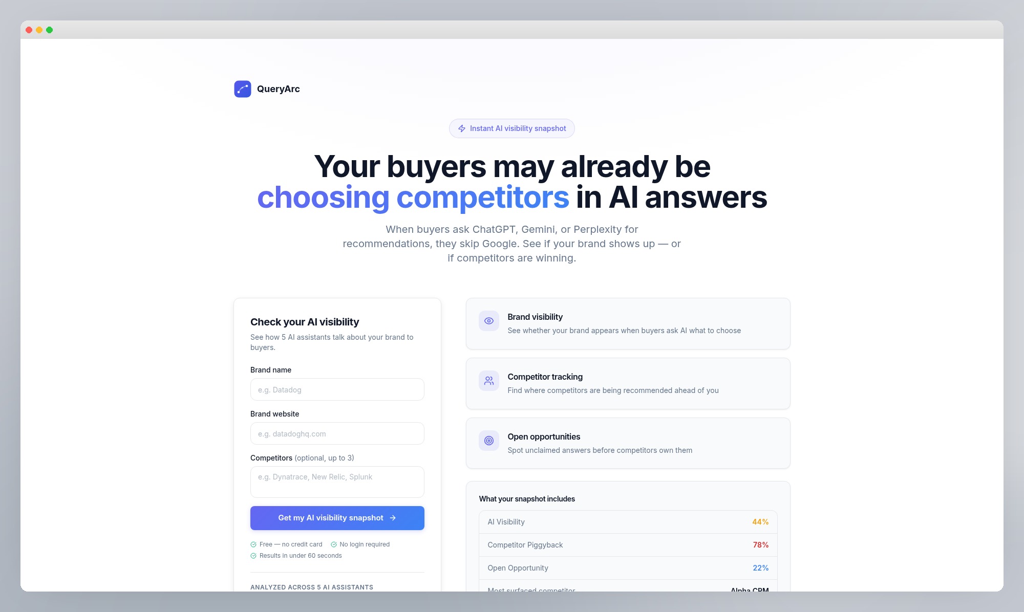 QueryArc audit tool showing brand visibility scoring, competitor tracking, and AI snapshot metrics
