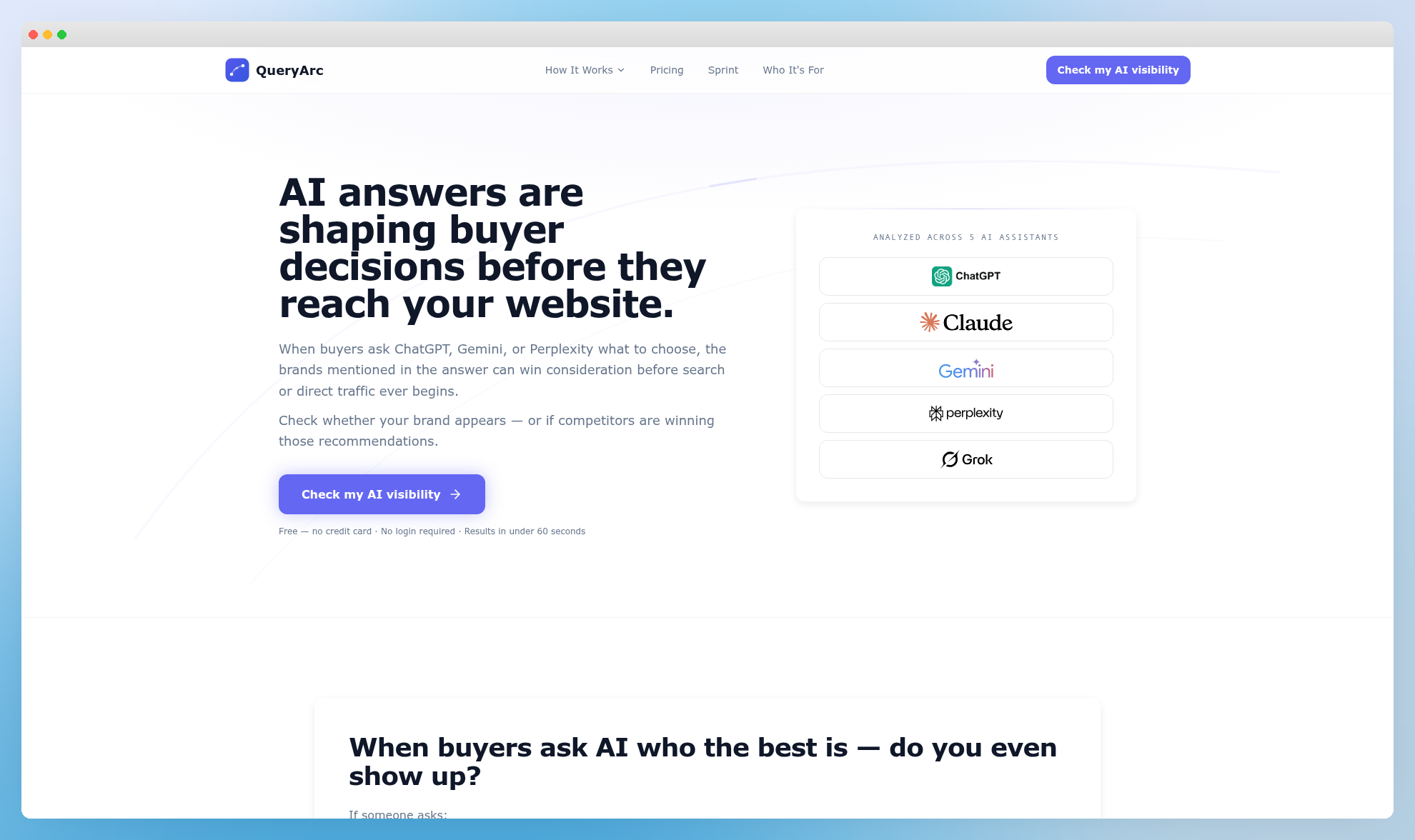 QueryArc homepage showing AI assistant analysis across multiple engines