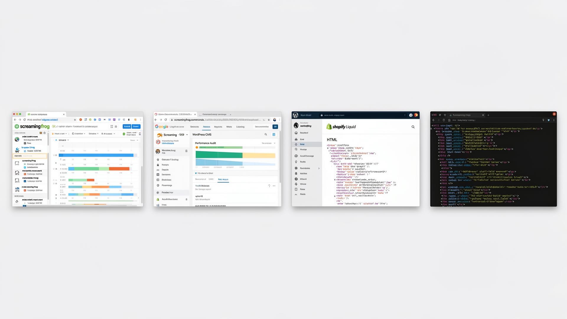 Technical SEO tools including Screaming Frog, Chrome DevTools Lighthouse, WordPress, Shopify Liquid, and HTML source code