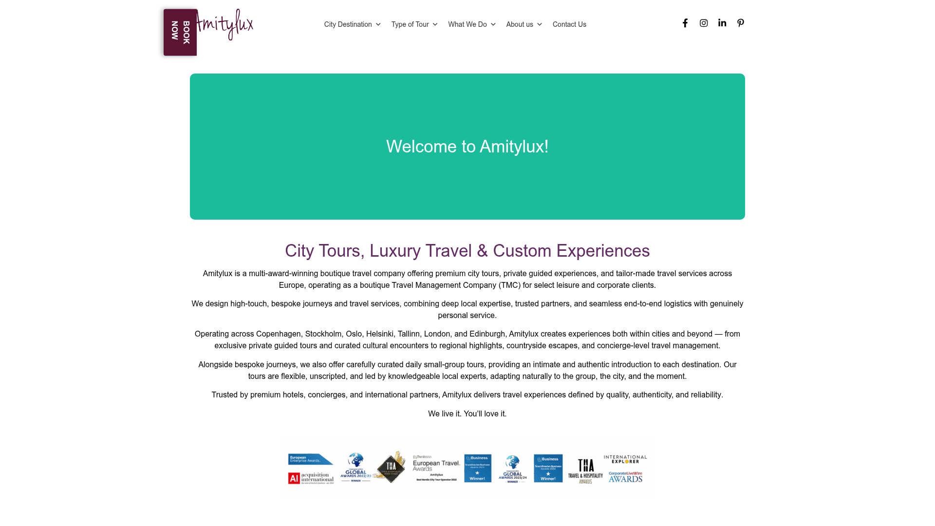 Amitylux luxury travel website homepage
