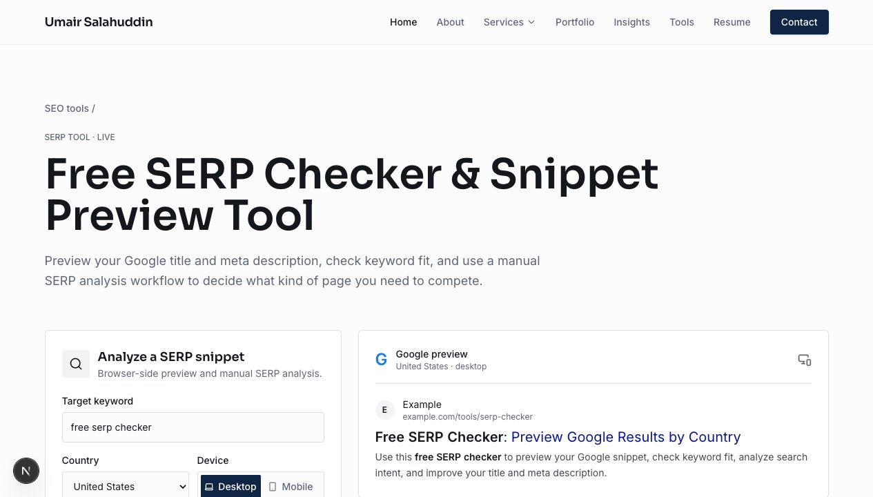 Free SERP checker Google preview screenshot showing title tag and meta description analysis