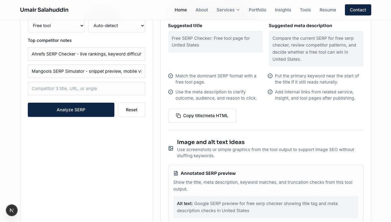 SERP checker recommendations screenshot with keyword fit, page type, and competitor analysis output